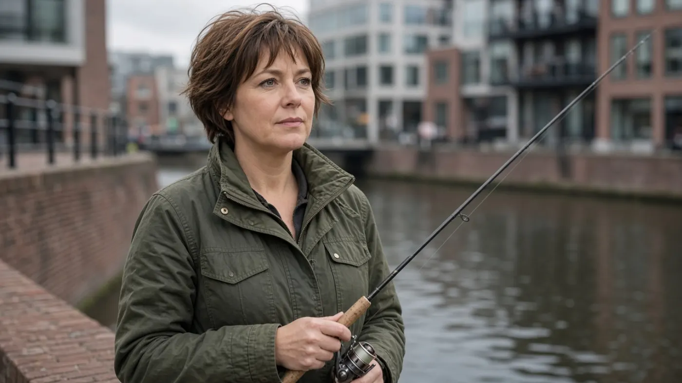 Karin Mulder staat met een ultralight hengel aan de kade in het centrum van Eindhoven