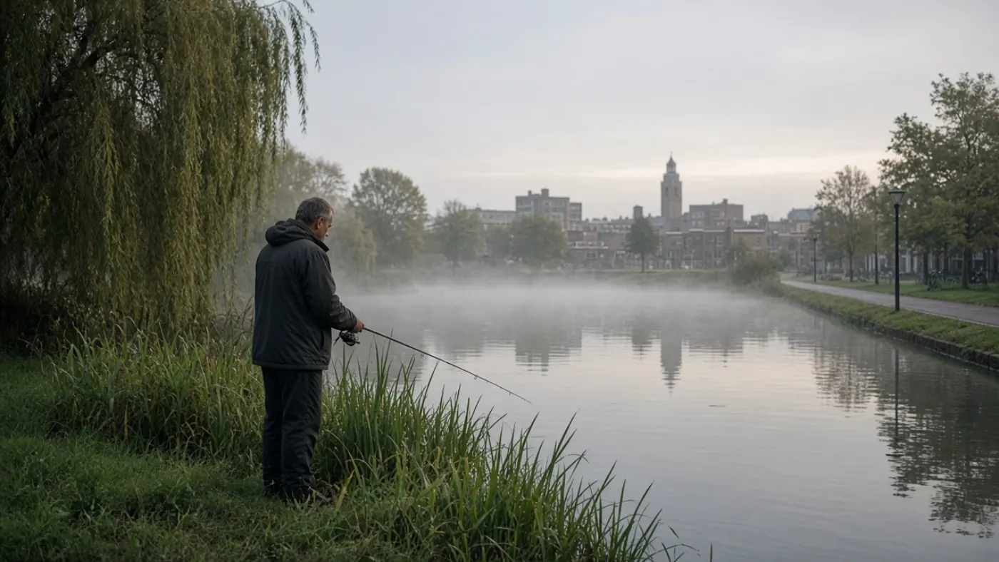 Een visser werpt met een korte ultralight hengel vanaf de oever van een Eindhovense stadsvijver